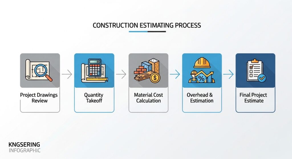 construction estimating workflow showing material takeoffs and cost calculations