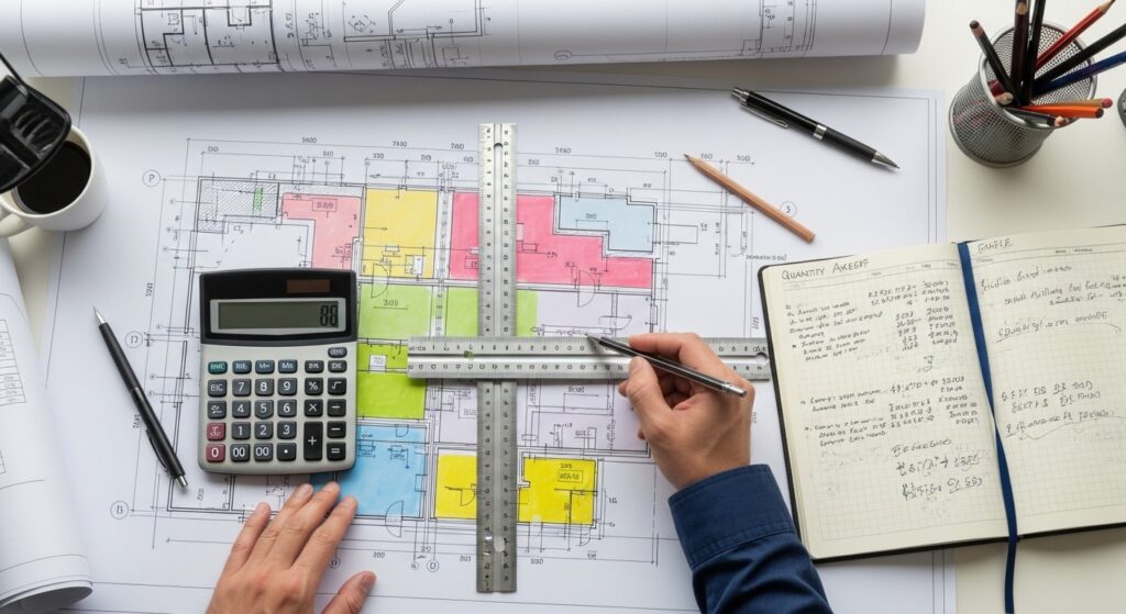 how to estimate construction costs estimator performing quantity takeoff from construction drawings