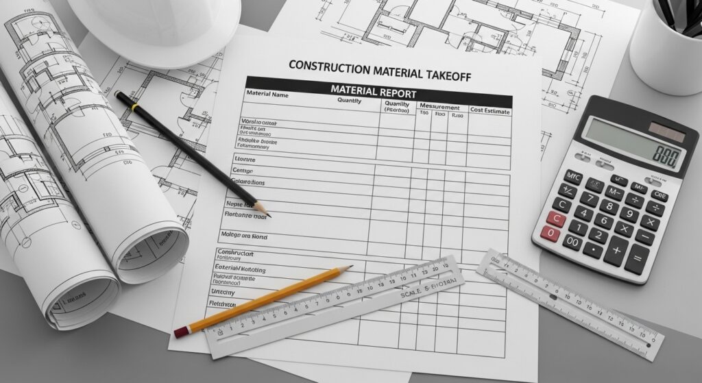 construction material takeoff sheet showing quantities and measurements