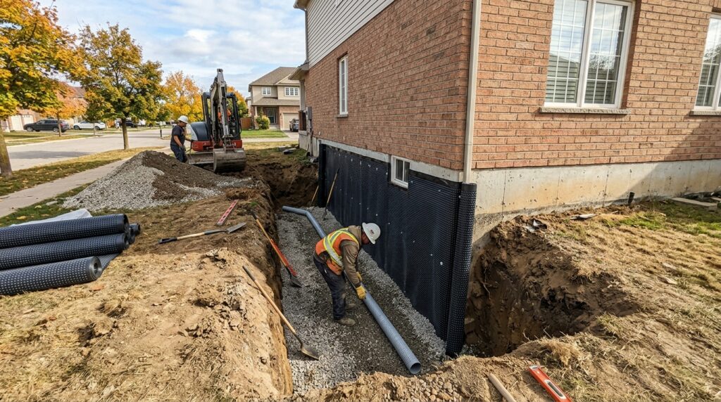 exterior basement waterproofing excavation showing drainage pipe installation Canada