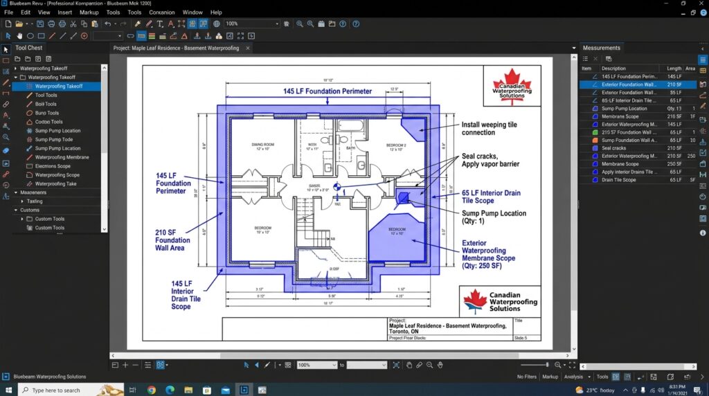professional basement waterproofing digital takeoff using Bluebeam for Canadian project