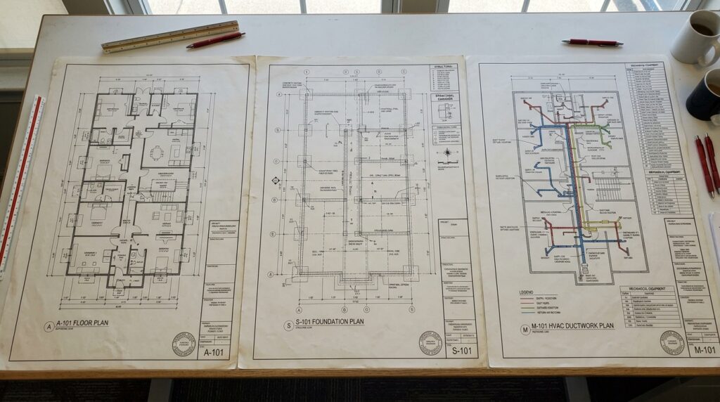 construction drawing set showing architectural structural and MEP sheets for estimating