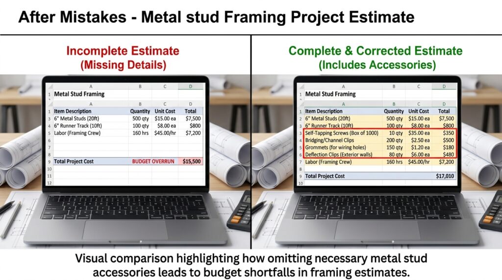 metal stud framing estimate comparison showing missing accessories causing budget shortfall"